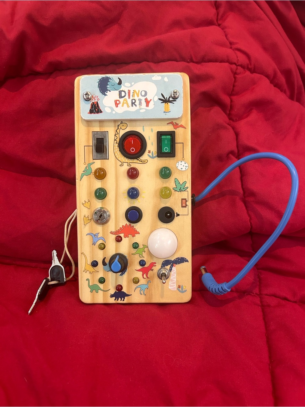 Dino Party Montessori Wooden Busy Board Switches Buttons Lock Key
